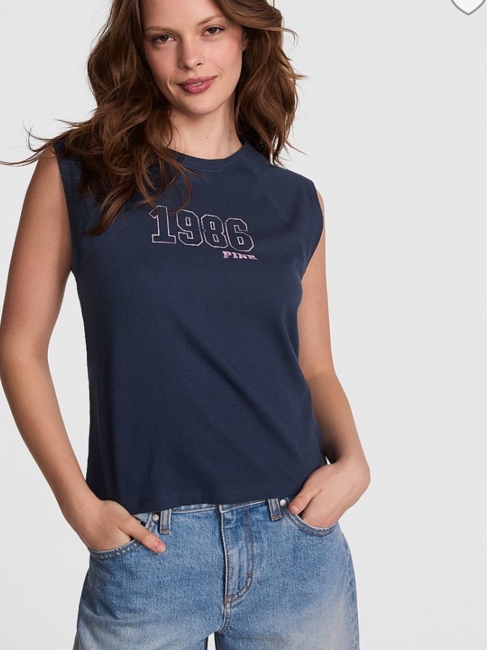 NEW💗PINK Victorias Secret!Retro 100%Cotton Muscle Tank!Navy Noir!SzS!NWT!